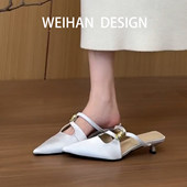 女金属扣带气质浅口凉拖配裙子高跟鞋 羊皮版 尖头细跟包头半拖鞋