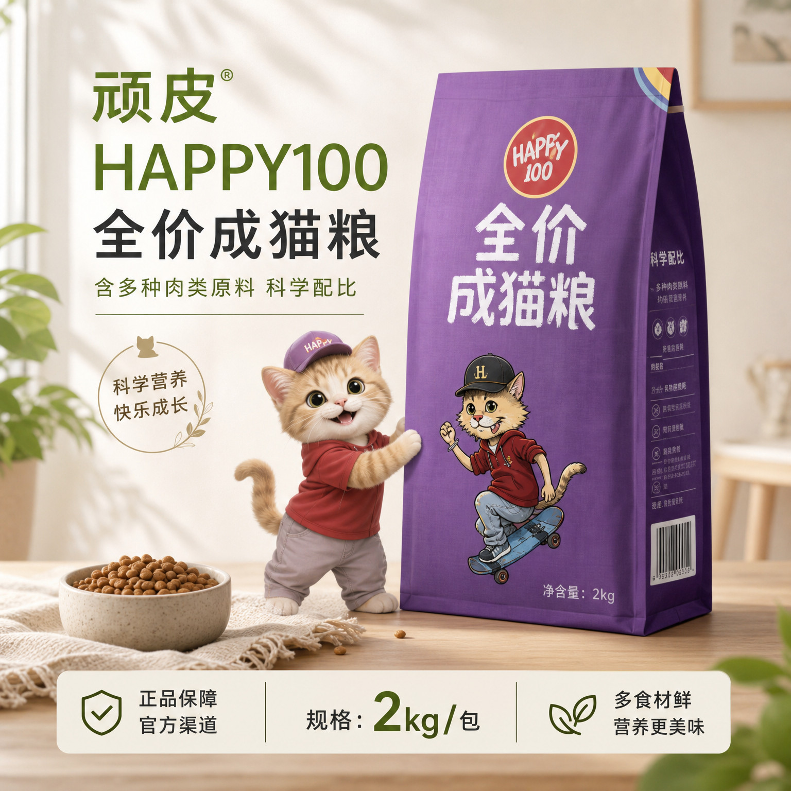 顽皮Happy100宠物猫粮鸡肉味全价猫粮流浪猫宠物猫成猫专用粮10kg