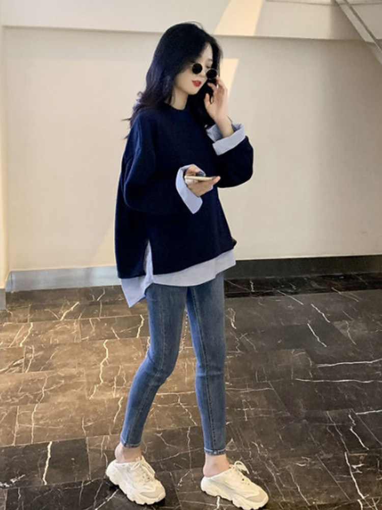 출산 가을 정장 세련된 작은 2024 새로운 엉덩이 루즈 탑 여성 투피스 세트 가을 겨울