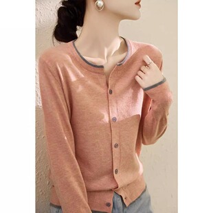 广州十三行高端爆款~春秋长袖针织开衫外套拼色圆领毛衣气质上衣