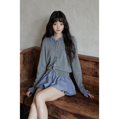 小众拼接长袖针织开衫女