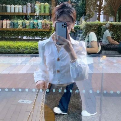 气质名媛泡泡长袖纯色衬衫女短款