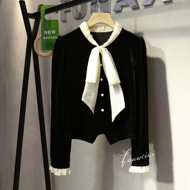 丝绒衬衫新款秋冬法式蝴蝶结系带