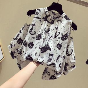 百搭宽松小衫 品牌折扣店正品 短袖 女装 遮肚上衣 专柜外贸碎花雪纺衫