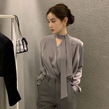 2025春秋高端系带醋酸缎面衬衫女系带飘带领带法式高级感v领上衣