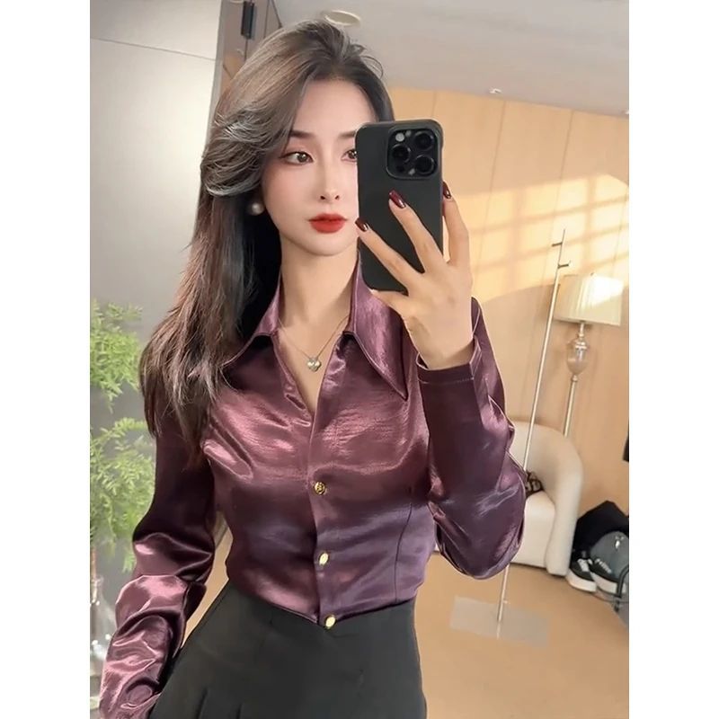 商务醋酸爆款缎面薄款长袖衬衫女