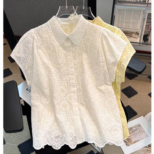 高端欧货2025夏季新款设计感小众翻领镂空刺绣气质百搭设计感上衣