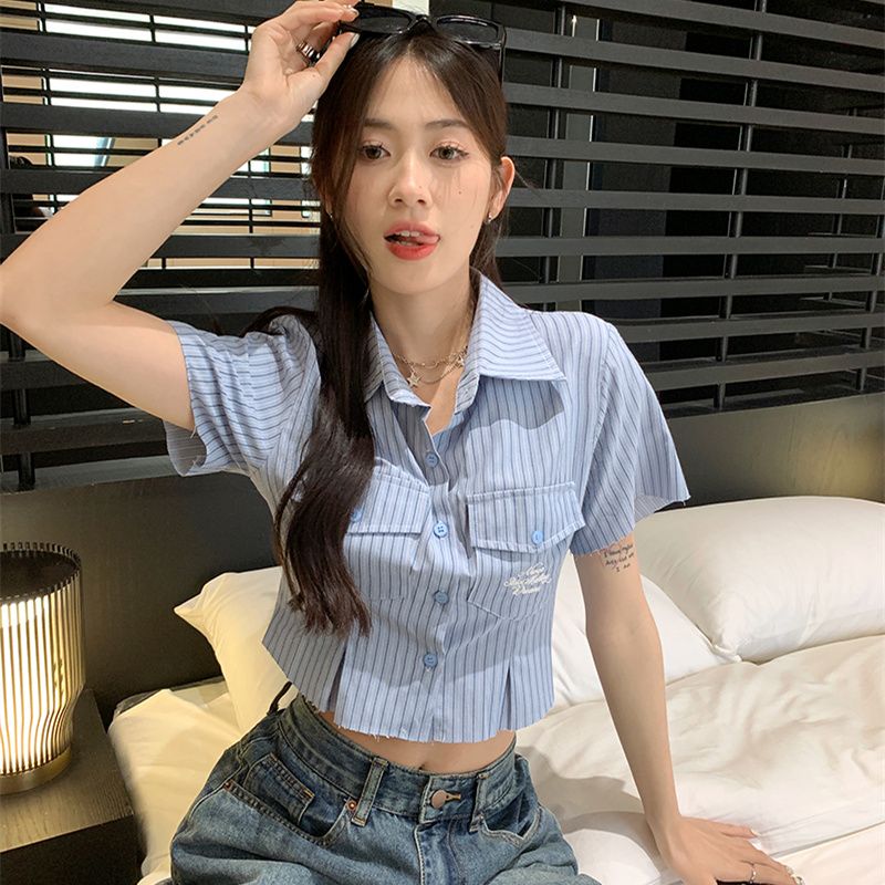 品牌折扣女装剪标清仓特价学院风刺绣修身短款上衣条纹短袖衬衫夏