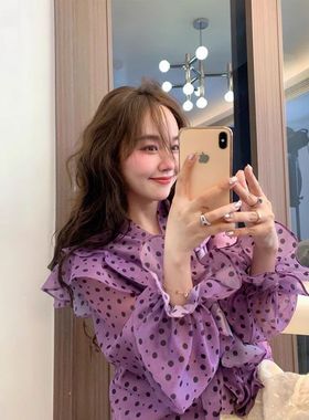 法式气质紫色雪纺波点衬衫女2025年春季新款宫廷风荷叶边长袖上衣