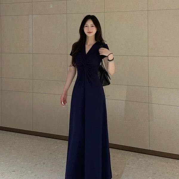 温柔风葡萄紫连衣裙女春秋短袖抽褶系带收腰修身长款通勤连衣裙