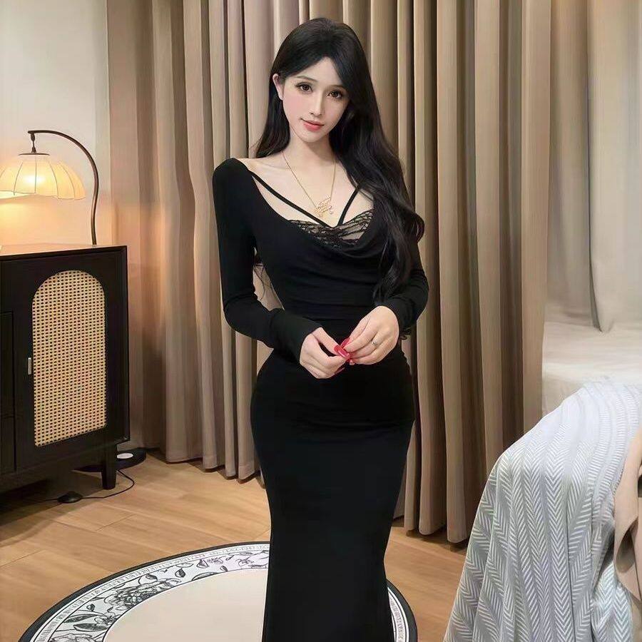 性感风黑色连衣裙女春秋长袖蕾丝拼接收腰修身包臀鱼尾裙纯欲风