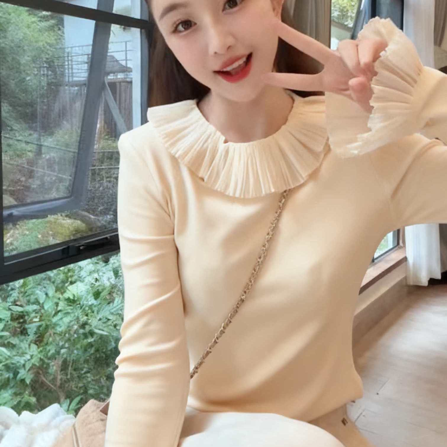 2026秋冬甜美气质娃娃领德绒打底衫女网纱风琴褶翻领长袖厚款上衣