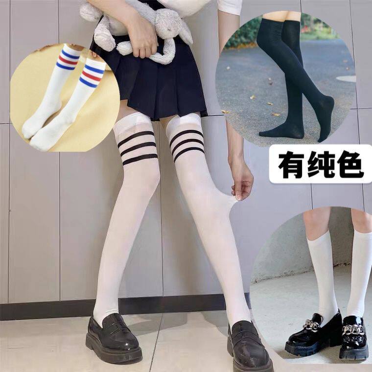 中筒袜日系学院风中厚黑白条纹长筒袜三条杠过膝筒袜学生袜厂家