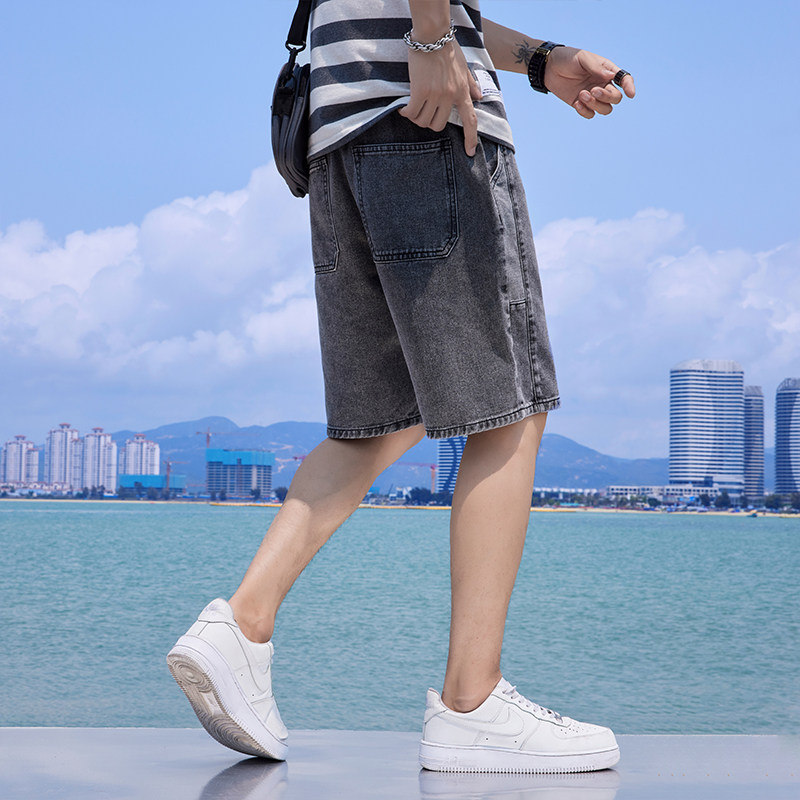 牛仔短裤男夏季港风宽松直筒休闲五分裤潮流帅气百搭,男装牛仔裤,星座1006