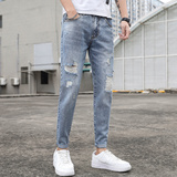 21春季男士牛仔裤韩版破洞九分裤修身小脚百搭裤男裤子K888-P42，男装牛仔裤，星座1006