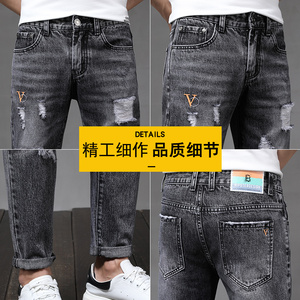 2021新款春装破洞牛仔裤潮男九分裤韩版休闲乞丐裤子男图片