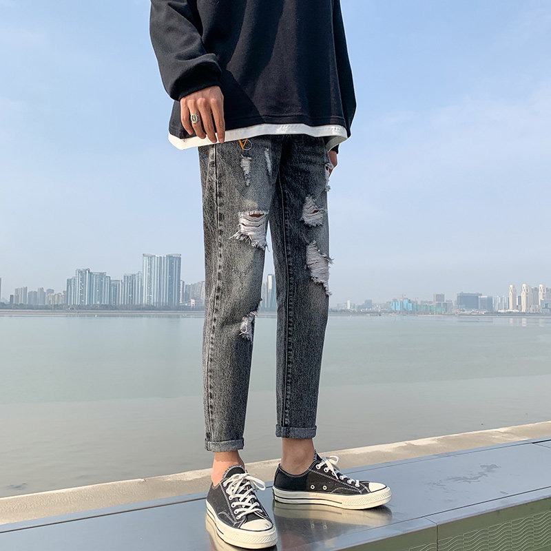 2021新款春装破洞牛仔裤潮男九分裤韩版休闲乞丐裤子男K891-P45,男装牛仔裤,星座1006