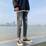 2021新款春装破洞牛仔裤潮男九分裤韩版休闲乞丐裤子男K891-P45，男装牛仔裤，星座1006
