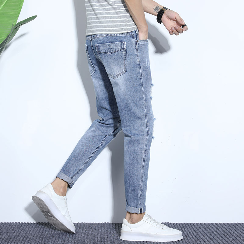 2021春季男士牛仔裤韩版修身小脚破洞九分裤百搭男裤子K883-P42图片