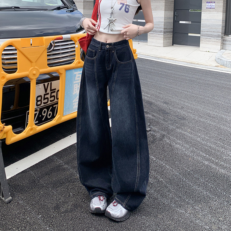 拾蓝美式刺绣弯刀阔腿牛仔裤女2026新款高腰宽松直筒镰刀春秋裤子