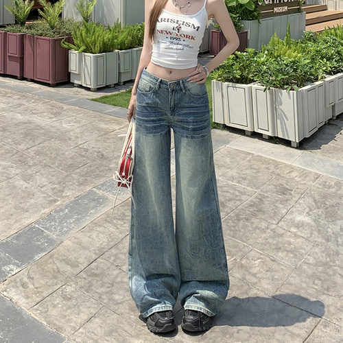 拾蓝低腰阔腿显瘦牛仔裤女新款