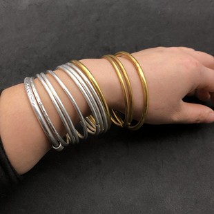 民族复古风贵州苗族风首饰品手工苗银手镯细单圈光面刻花素面镯