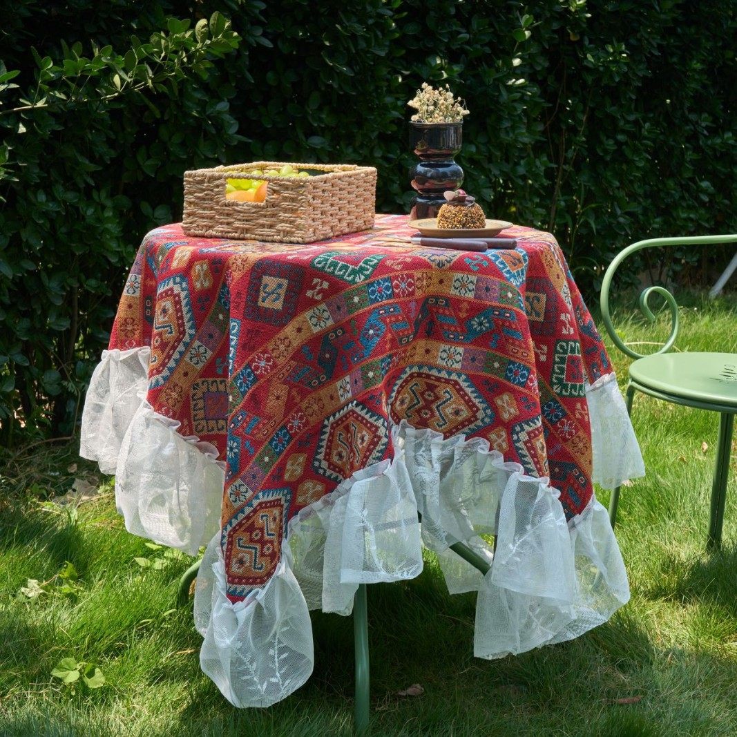 伊缦琪韵摆摊桌布布艺中式复古红色几何提花蕾丝荷叶边茶几盖布