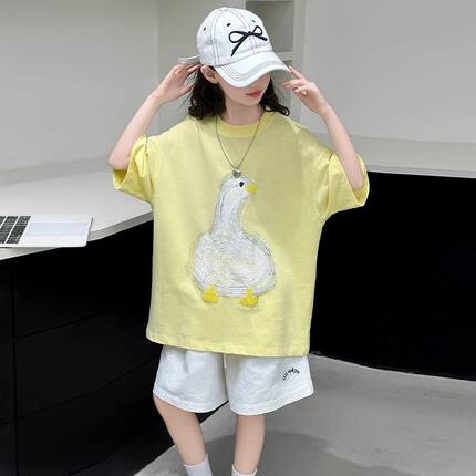 女童中大童黄色短袖运动套装时髦洋气春夏薄款卡通短裤儿童两件套