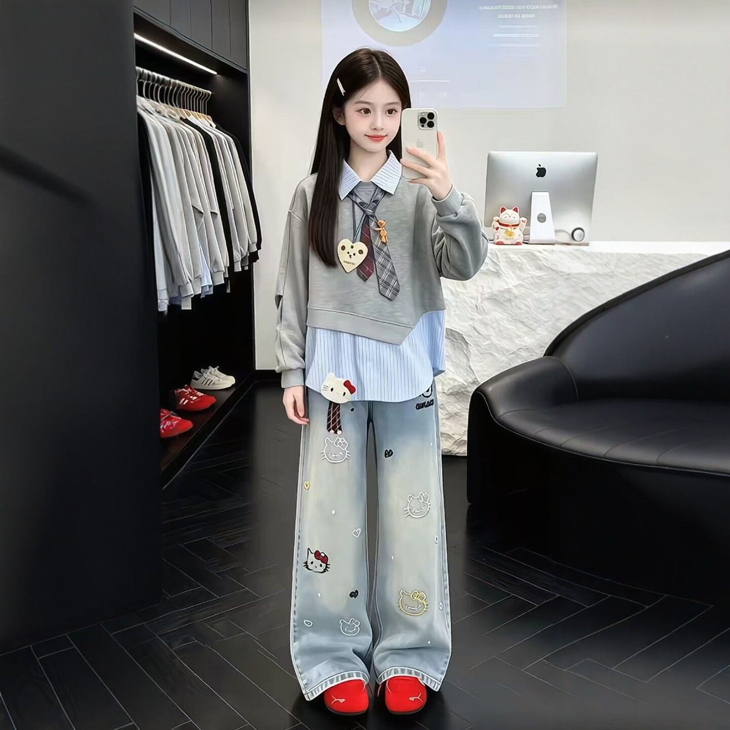 女童春秋假两件牛仔运动套装