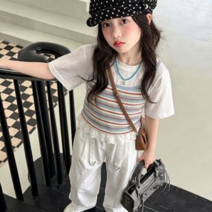 女童中大童假两件条纹短袖运动套装时髦洋气春夏新款儿童两件套潮