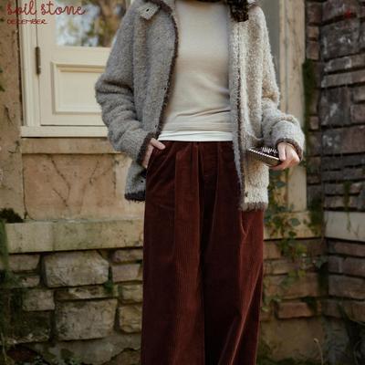 复古红松紧带宽松灯芯绒阔腿裤