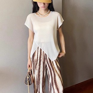 T恤女 三宅时尚 褶皱上衣女装 宽松显瘦百搭短袖 圆领时尚