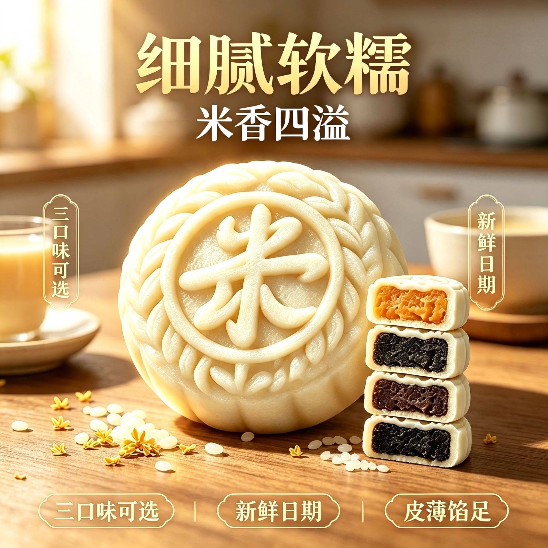 米月饼黑芝麻黑豆沙咸蛋黄糯米皮月饼早餐下午茶点糕点米糕饼零食