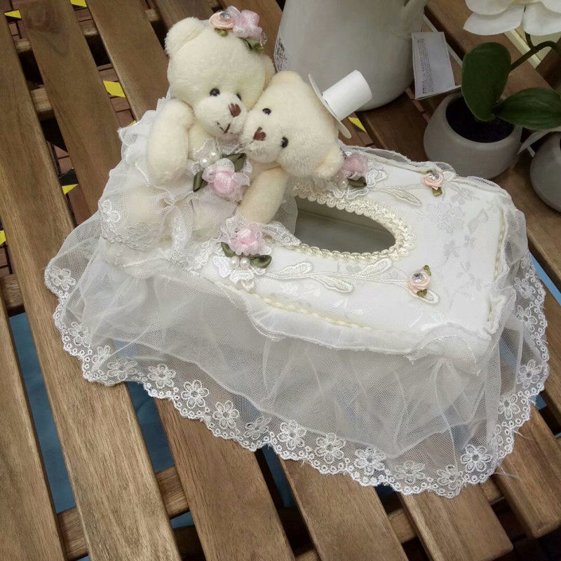 白色梦幻布艺卡通小熊网纱蕾丝纸巾盒纸抽盒长方形家用车用