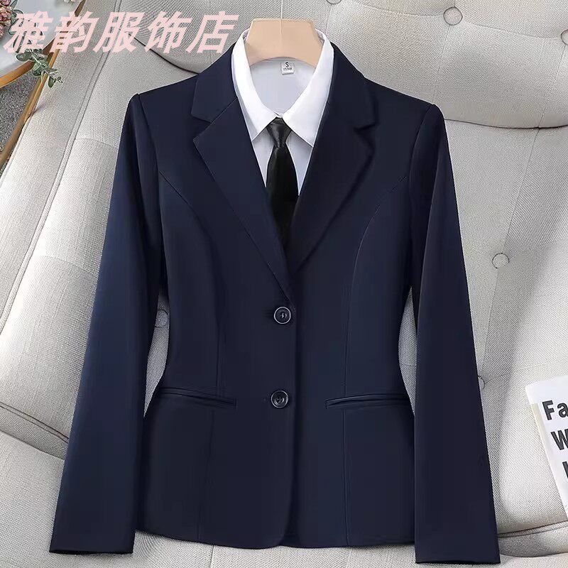 蓝色西装外套女新款大学生面试职业正装黑西装套装女士收腰工作服