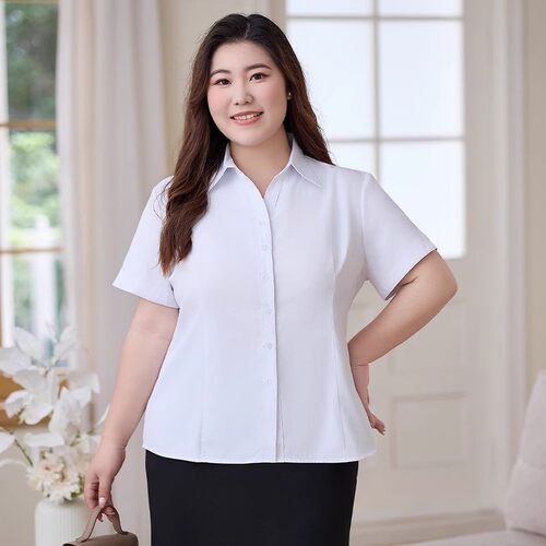 胖mm大码白色短袖衬衫女职业夏季