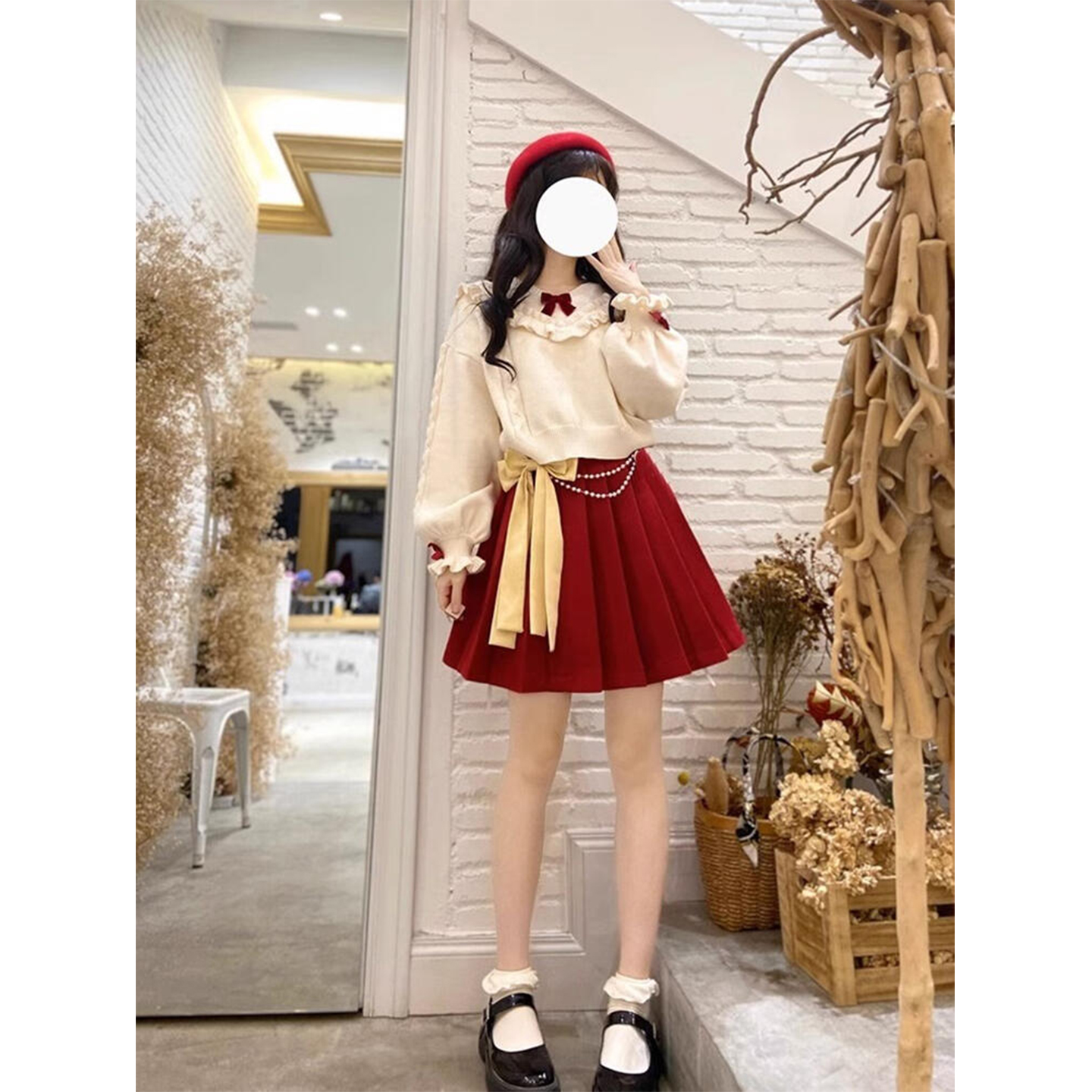 本命年毛衣百褶短裙两件套新年