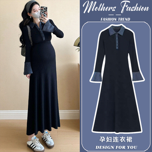 女 高级感潮妈拼接翻领针织裙中长款 孕妇连衣裙春秋冬2025新款 韩版
