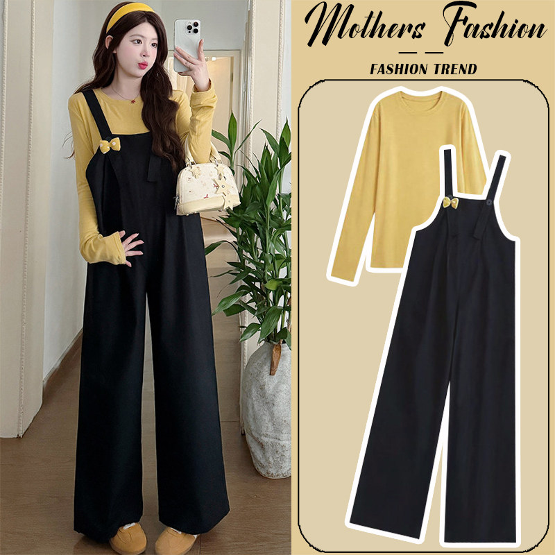 孕妇套装春秋季2026新款时尚黑色不显怀背带裤上衣孕妈穿搭两件套