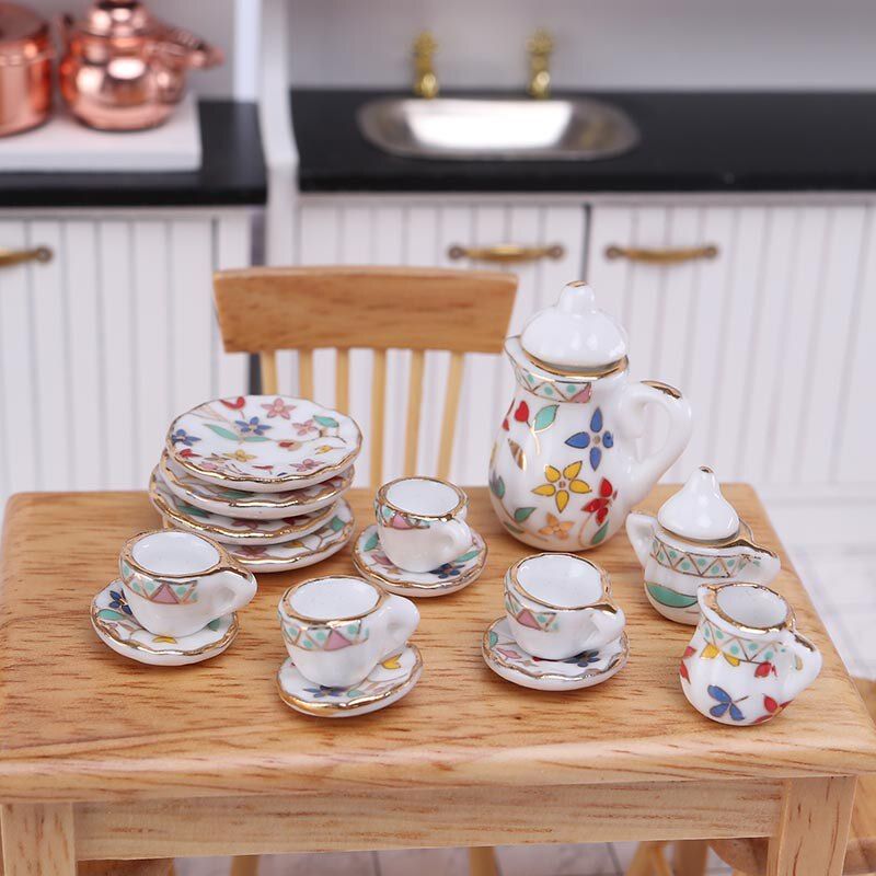 微缩食玩陶瓷茶具茶壶杯15件迷你模型1:12分ob11娃娃屋dollhouse