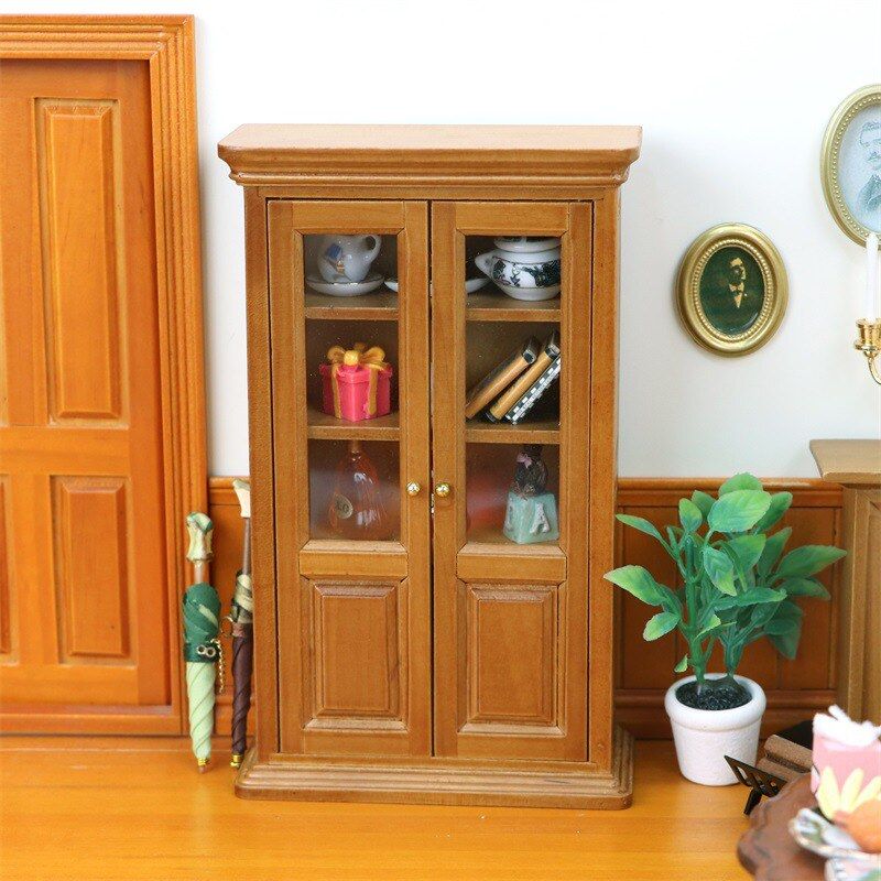 1:12分迷你娃娃屋家具摆件微缩场景书柜OB11用衣柜模型双门柜子