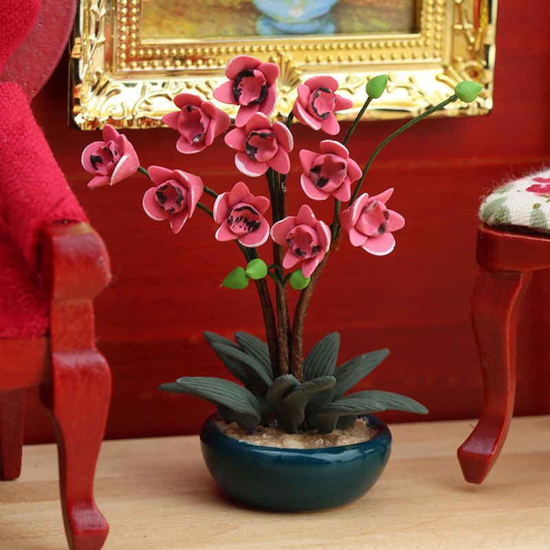 1:12分bjd迷你娃娃屋DOLLHOUSE花园场景粘土花玉兰花玫红盆栽ob11