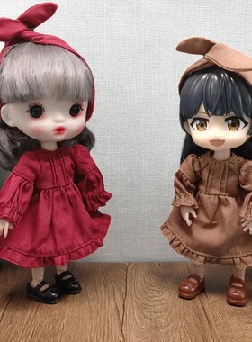 ob11娃衣裙子洋装连衣裙12分bjd娃娃衣服gsc小复古裙酒红娃衣