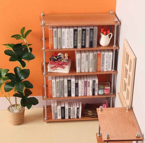 微缩食玩置物架收纳架书架迷你模型樱桃木1:6分bjd娃娃屋家具diy