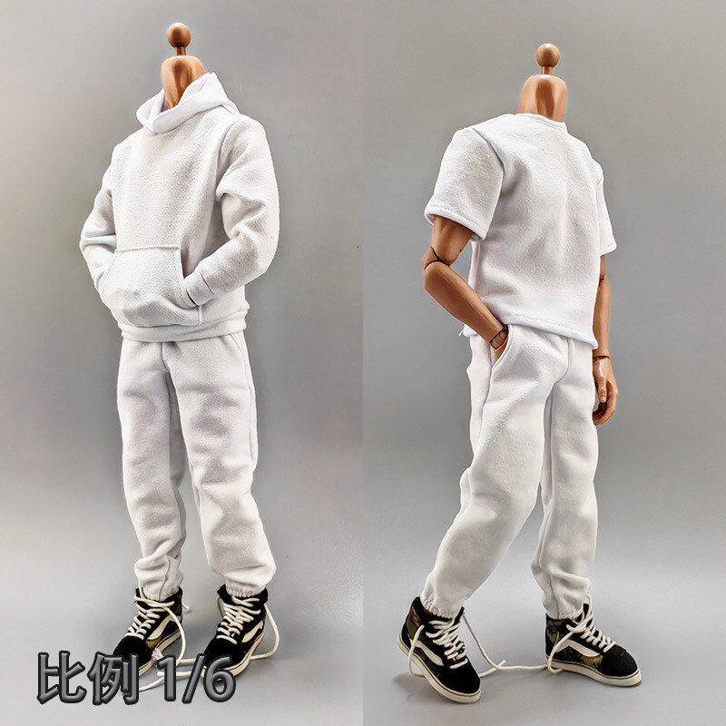 1/6男兵人白色卫衣套装12寸人偶袋鼠袋连帽长袖卫衣裤短袖衣服