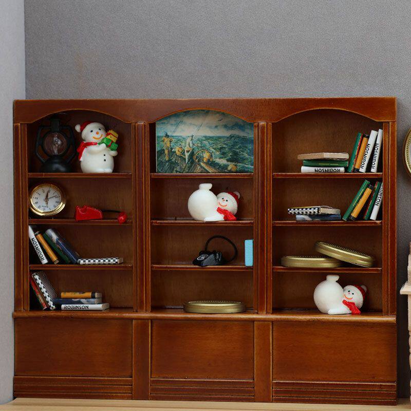 1:12迷你娃娃屋dollhouse玩具模型袖珍书架展示橱柜三联书柜欧式