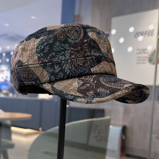 时尚复古印花迷彩咖色前进帽可调节百搭平顶马术帽春夏新款鸭舌帽