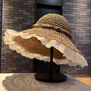 蕾丝花边度假风草帽女夏季沙滩海边遮阳防晒帽大帽檐编织太阳帽子