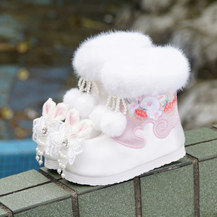 古风汉服鞋女童冬季棉鞋绣花靴子搭配唐装中式古装加绒厚儿童宝宝