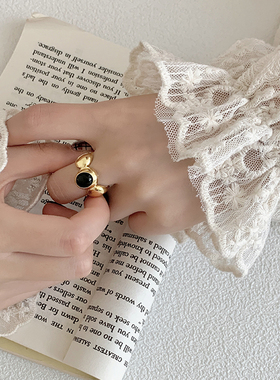 白玉髓黑玛瑙戒指纯银日韩女